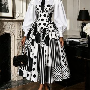 Urban Polka Dot Geometric Puff Sleeve Tie Long Sleeve Midi Shirt Dress, Maxi Dresses, color:Black-white|size:XXL, Stylewe