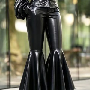 Urban Plain Flare Pants Faux Leather Pant, Pants, color:Black|size:XXL, Stylewe