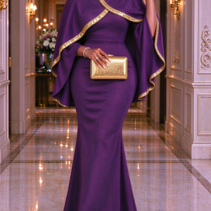 Elegant Color Block Glitter Mock Neck Maxi Dress, Cocktail Dresses, color:Purple|size:XXL, Stylewe