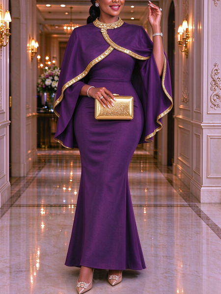 Elegant Color Block Glitter Mock Neck Maxi Dress, Cocktail Dresses, color:Purple|size:XXL, Stylewe