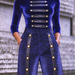 Velvet Urban Plain Button Detail Mock Neck T-shirt, Tees, color:Blue|size:XXL, Stylewe