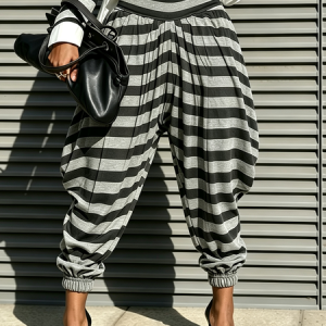 Micro-Elasticity Casual Striped Ankle Banded Pants, Pants, color:As Picture|size:XXL, Stylewe