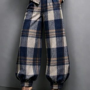 Urban Plaid Printing Ankle Banded Pants, Pants, color:Blue|size:XXL, Stylewe