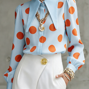 Urban Polka Dot Shirt Collar Loose Long Sleeve Shirt, Blouses and Shirts, color:As Picture|size:XXL, Stylewe