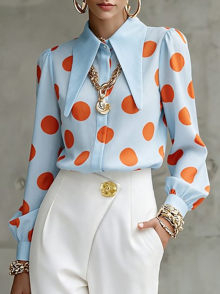 Urban Polka Dot Shirt Collar Loose Long Sleeve Shirt, Blouses and Shirts, color:As Picture|size:XXL, Stylewe