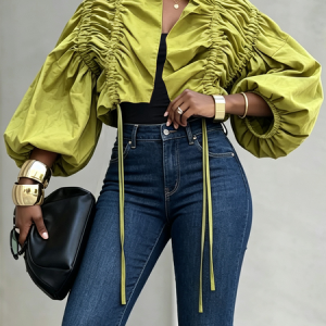 Urban Gathered Solid Lotus Leaf Collar Loose Long Sleeve Kimono, Kimonos, color:Green|size:XXL, Stylewe
