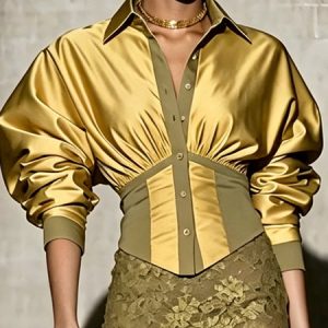 Satin Elegant Color Block Split Joint Shirt Collar Shirt, Blouses and Shirts, color:As Picture|size:XXL, Stylewe