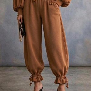 Casual Plain Drawstring Ankle Banded Pants No Belt, Pants, color:Red Brown|size:XXL, Stylewe