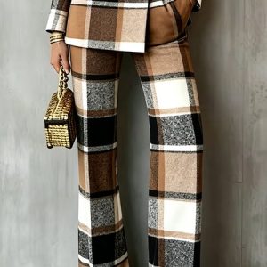 Urban Plaid Printing Straight Pants, Pants, color:Brown|size:XXL, Stylewe