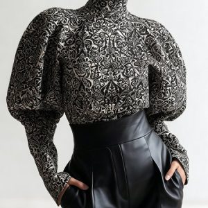 Urban Random Print Printing Stand Collar Puff Sleeve Blouse, Blouses and Shirts, color:Black|size:XXL, Stylewe