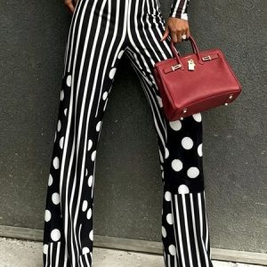 Urban Polka Dots Striped Printing Straight Pants, Pants, color:Black-white|size:XXL, Stylewe