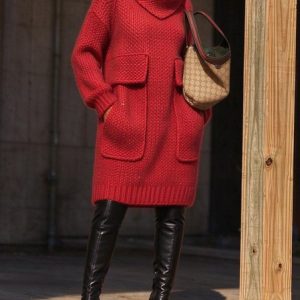 Casual Plain Pockets Shawl Collar Sweater Knee Length Dress, Midi Dresses, color:Red|size:XXL, Stylewe