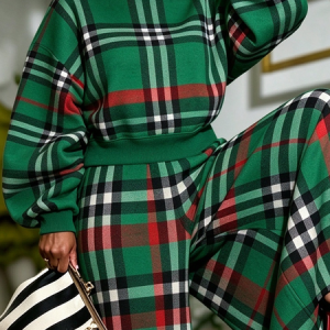 Casual Plaid Cropped Crew Neck Long Sleeve Loose Sweatshirt, Hoodies and Sweatshirts, color:Green|size:XXL, Stylewe