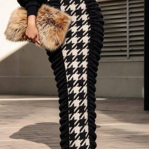 Urban Split Joint Houndstooth Maxi Skirt, Skirts, color:Black-white|size:XXL, Stylewe