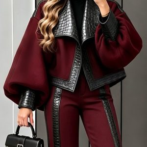 Urban Balloon Sleeve Split Joint Color Block Shawl Collar Jacket, Jackets, color:Reddish Black|size:XXL, Stylewe