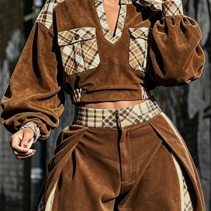 Urban Plaid Split Joint Stand Collar Blouse, Blouses and Shirts, color:Brown|size:XXL, Stylewe
