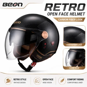 BEON Retro Open Face Motorcycle Helmet Carbon Fiber Look Scooter Riding Helmet Clear Visor Vintage Style for Men Women - AliExpress Motorcycle Equipments