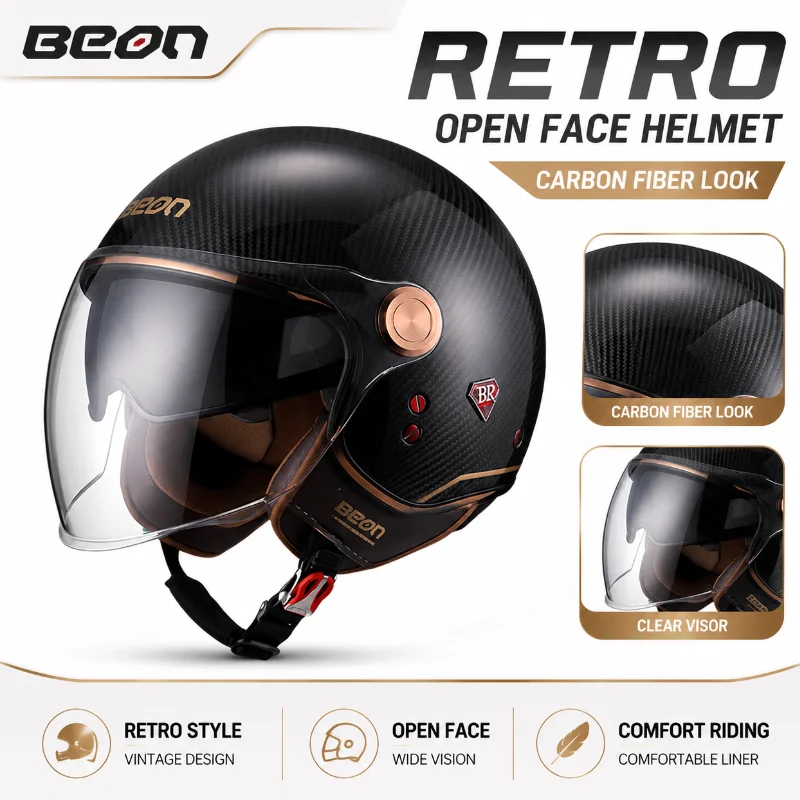 BEON Retro Open Face Motorcycle Helmet Carbon Fiber Look Scooter Riding Helmet Clear Visor Vintage Style for Men Women - AliExpress Motorcycle Equipments