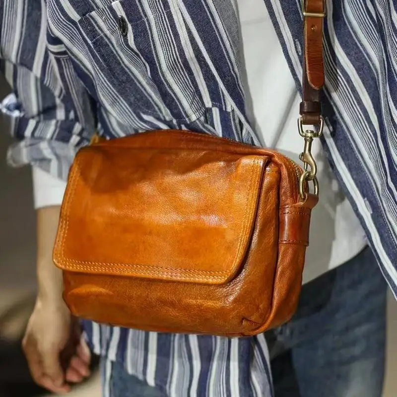 Simple vintage handmade genuine leather men's women's diagonal bag outdoor casual high quality first layer cowhide shoulder bag - AliExpress Men's Bags