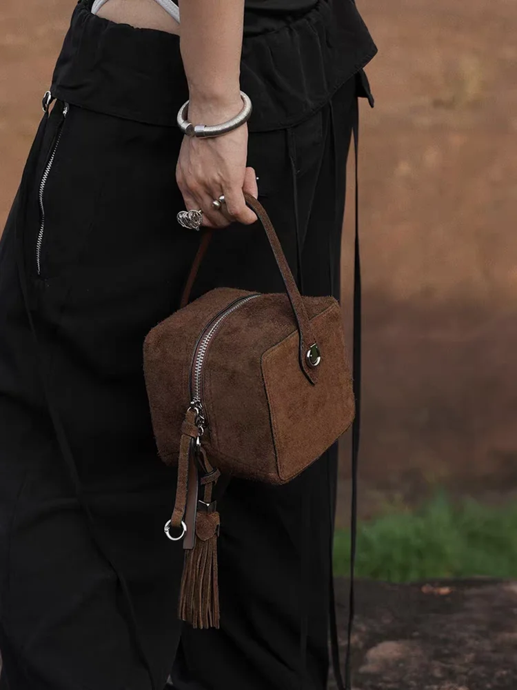 Coffee Fashion Retro Tassels Niche Box Bag Genuine Leather Women BagHandbag Real Leather Tote Shoulder Commuter Bag Small - AliExpress Women's Handbags