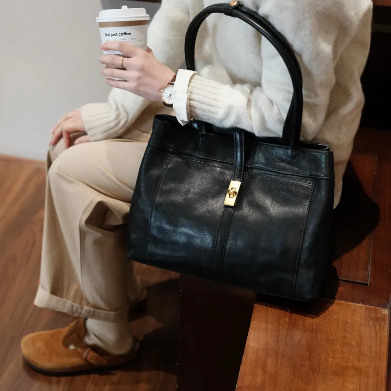 Fashion retro designer handmade luxury genuine leather women's shoulder bag weekend cow leather tote bag large capacity handbag - AliExpress Women's Handbags