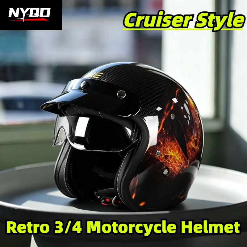 QIKE Carbon Fiber Retro 3/4 Motorcycle Helmet with Built-in Visor, Cruiser Style for Men Women - AliExpress Motorcycle Equipments