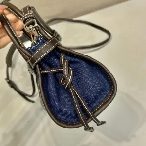 Vintage Blue Denim Mini Bucket Bag For Women Brown Leather Edge Drawstring Closure Top Handle Removable Strap Casual Crossbody Purse - AliExpress Women's Handbags