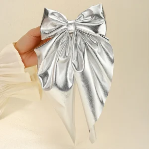 1pc Gold Silver Patent Leather Bow Hair Claw Long Ribbon Spring Clip Back of Head Ponytail Holder for Women Elegant - AliExpress Hair Care & Styling