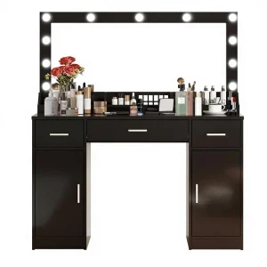 47.5" Wood Vanity Desk Mirror 3 Lighting Modes Adjustable Brightness 3 Drawers 2 Vertical Cabinets Makeup Vanity for Women Girls - AliExpress Nail Art & Tools