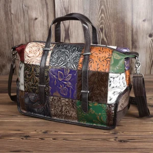 Edgy Color-Blocked Leather Travel Tote, Top-Grain Cowhide Convertible Shoulder & Crossbody Bag for Women - AliExpress Men's Bags