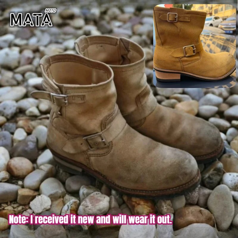 Motorcycle Boots Handmade Vintage Khaki Suede Work Boots Men and Women Engineer Ort Shoes American Retro Faded Mid-Calf Boot - AliExpress Motorcycle Equipments