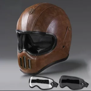 Double Visors Cruising Motorcycle Vintage Brown Leather Helmet Men Women Full Helmet Fiberglass Halley Motorcycle Safety Helmet - AliExpress Motorcycle Equipments
