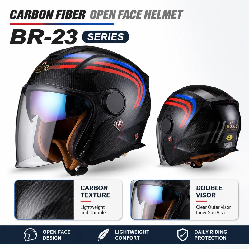 BEON BR-23 Carbon Fiber Motorcycle Helmet Open Face Retro Half Helmet Double Visor Scooter Riding Helmet Men Women - AliExpress Motorcycle Equipments