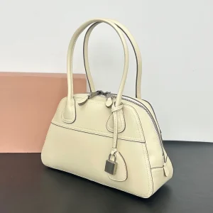 Vintage Off-White Smooth Faux Leather Bowling Bag For Women Shell Shape Double Zipper Lock Pendant Top Handle Small Handbag - AliExpress Women's Handbags