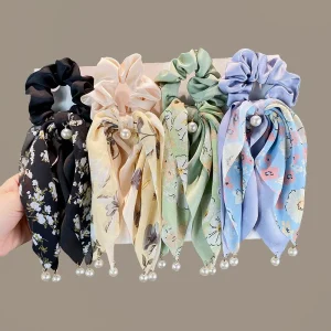 1pc Premium Pearl Embellished Floral Bow Scrunchie Ribbon Tail High Elasticity Hair Tie for Women Bun Ponytail - AliExpress Hair Care & Styling