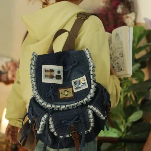 Original New Bow Lace Pleated Denim Canvas Women's Bag High-end Feel Personalized Large Capacity Casual Versatile Backpack Trend - AliExpress Women's Handbags
