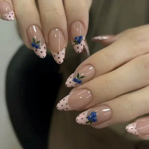 24Pcs Pink French Tip Press On Nails Black Polka Dots Blueberry Fruit False Nail Short Almond  Full Coverage Nail Tips For Women - AliExpress Nail Art & Tools