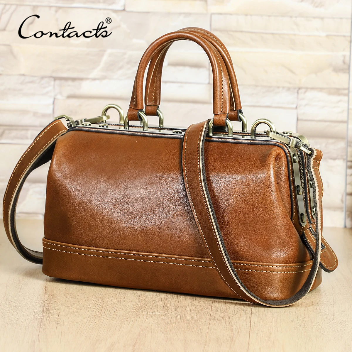 CONTACT'S Genuine Leather Shoulder Bags for Women Luxury Designer Doctor Bags Top Handle Bags Metal Frame Tote Handbags Ladies - AliExpress Women's Handbags