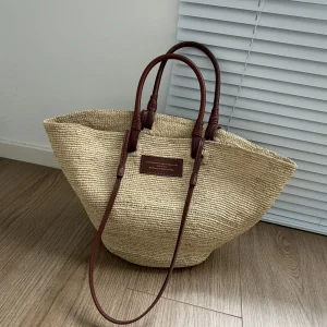 Women's Large Capacity Shoulder Bag Summer Lafite Straw Genuine Leather Woven Handbag Fashion Female Luxury Designer Beach Bag - AliExpress Women's Handbags