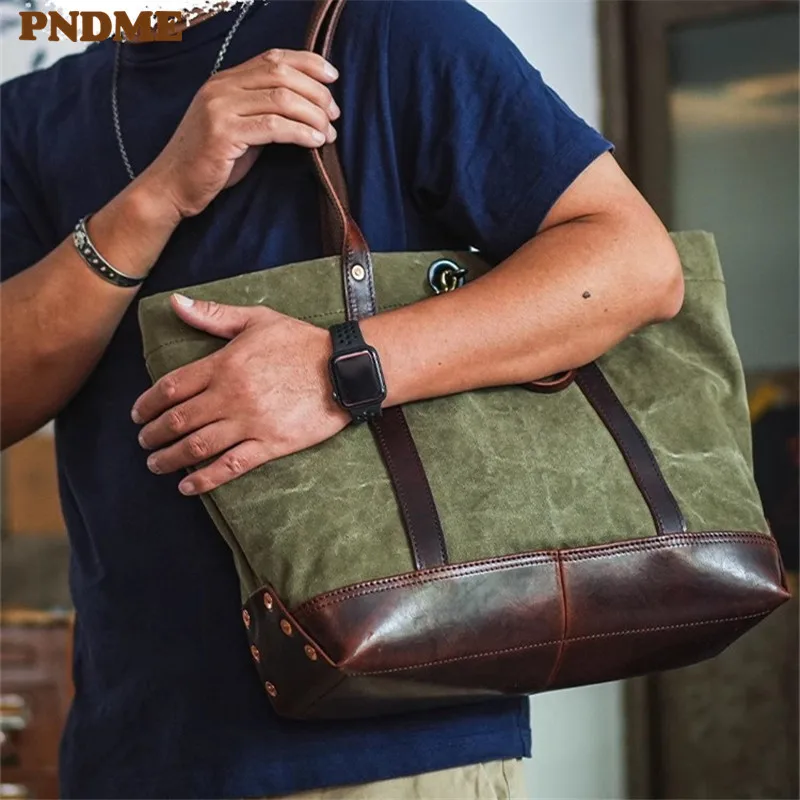 PNDME Designer High Quality Canvas Genuine Leather Men's Women's Tote Bag Fashion Retro Luxury Work Handbag Outdoor Shoulder Bag - AliExpress Men's Bags