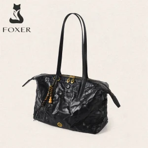 FOXER Genuine Cowhide Leather Women Handbag Large Capacity Crinkled Double Zipper Tote Tassel Soft Office Travel Top Handle Bags - AliExpress Women's Handbags