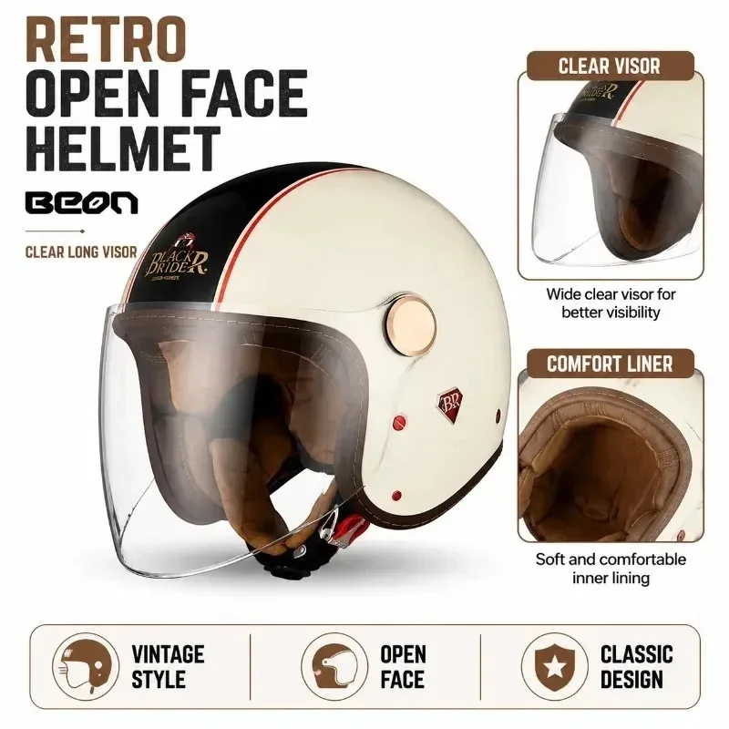 BEON Open Face Motorcycle Helmet Retro Vintage Half Helmet Men Women Scooter Riding Helmet Large Clear Visor - AliExpress Motorcycle Equipments