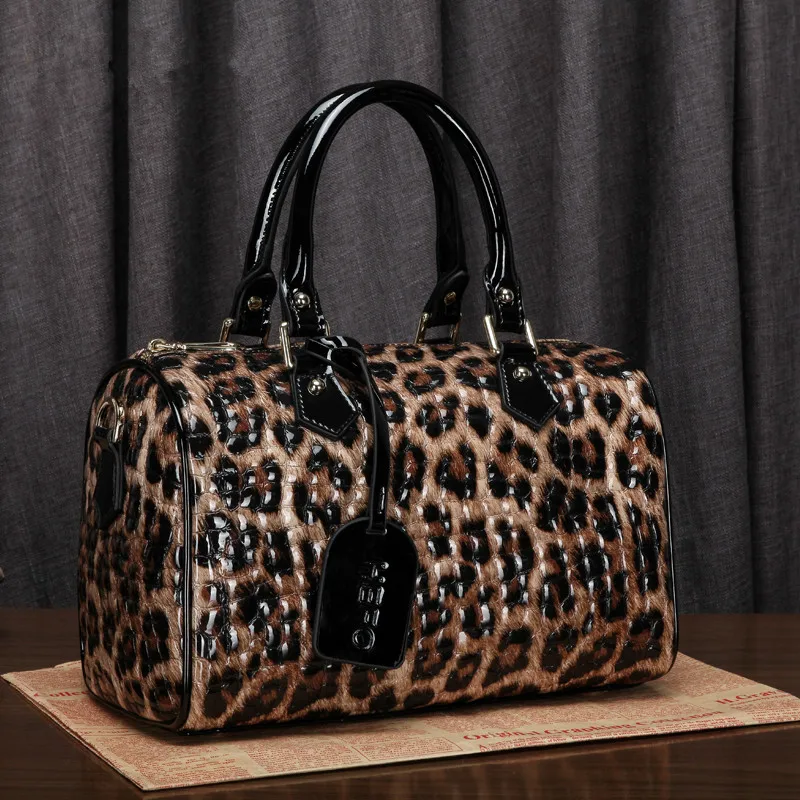 Boston Pure Cowhide Women handbgas genuine Leather Bag Leopard Print Portable Crossbody Bag Women's Bags - AliExpress Women's Handbags