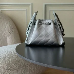 Silver Shiny Metallic Quilted Mini Bucket Bag For Women Diamond Stitch Drawstring Closure Leather Interwoven Chain Shoulder Purse - AliExpress Women's Handbags
