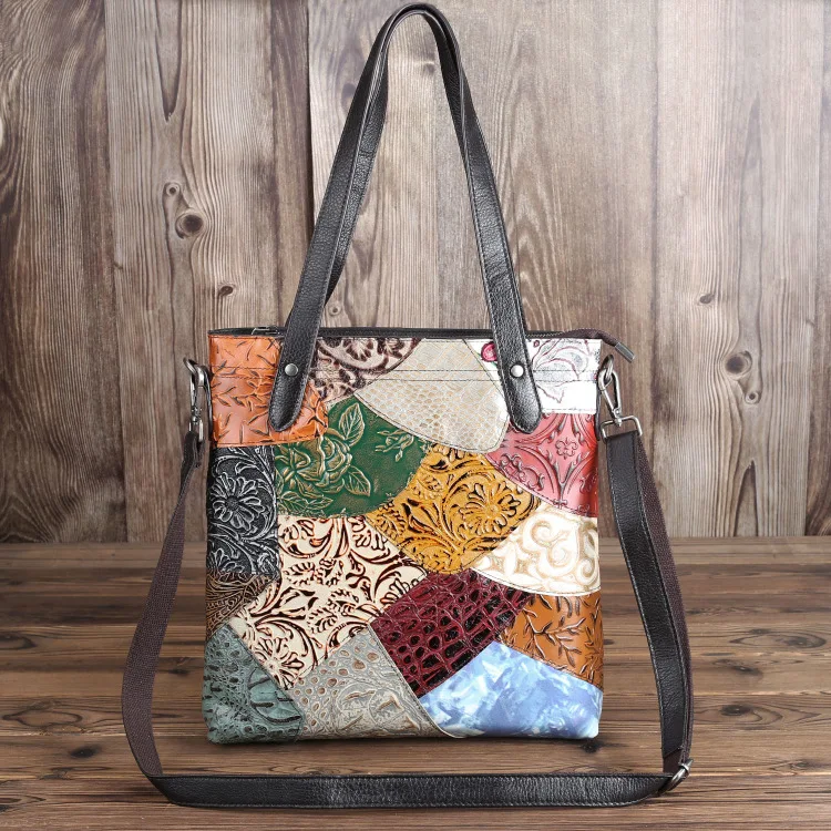 Boho Ethnic Leather Tote, Vertical Color-Blocked Shoulder Bag, Spacious Handcrafted Cowhide Purse for Women - AliExpress Women's Handbags