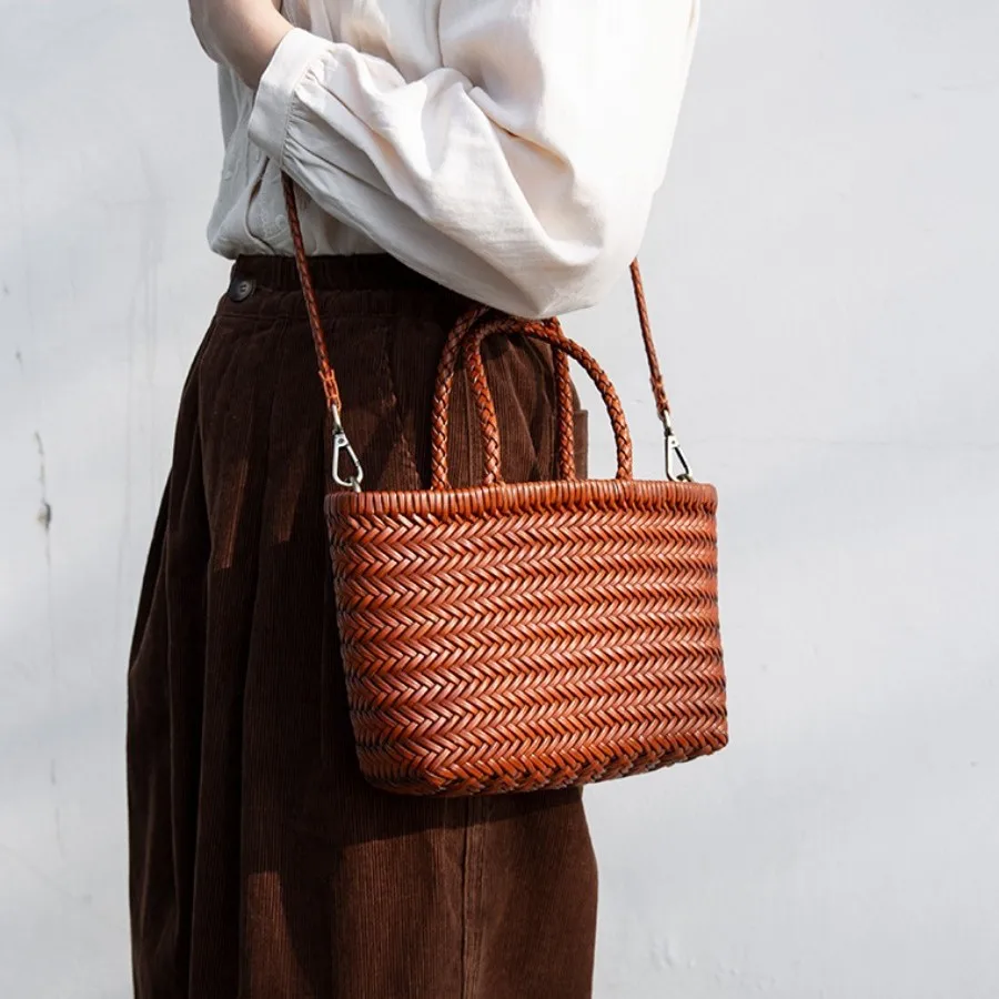 Cowhide Handbags Women's Genuine Leather Shoulder Bag Lady Weaving Casual Shopping Bag Cross Hand Bags Vintage Big Tote Purse - AliExpress Women's Handbags