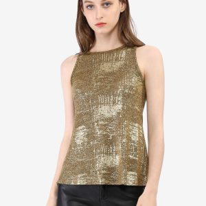 Metallic Sleeveless Shiny Shimmer Party Club Tank Top Dark Gold/XL - Allegra K catalog