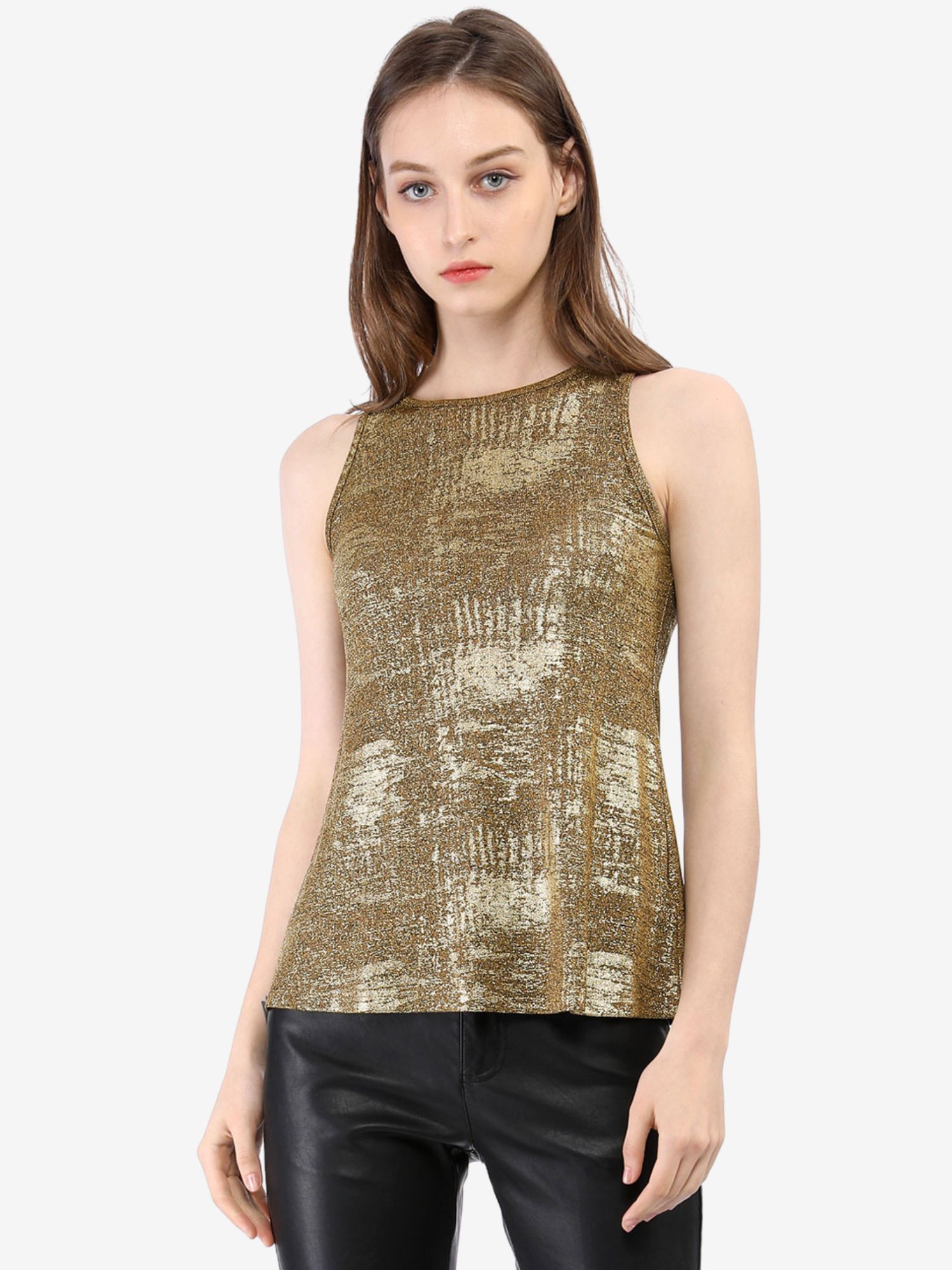 Metallic Sleeveless Shiny Shimmer Party Club Tank Top Dark Gold/XL - Allegra K catalog
