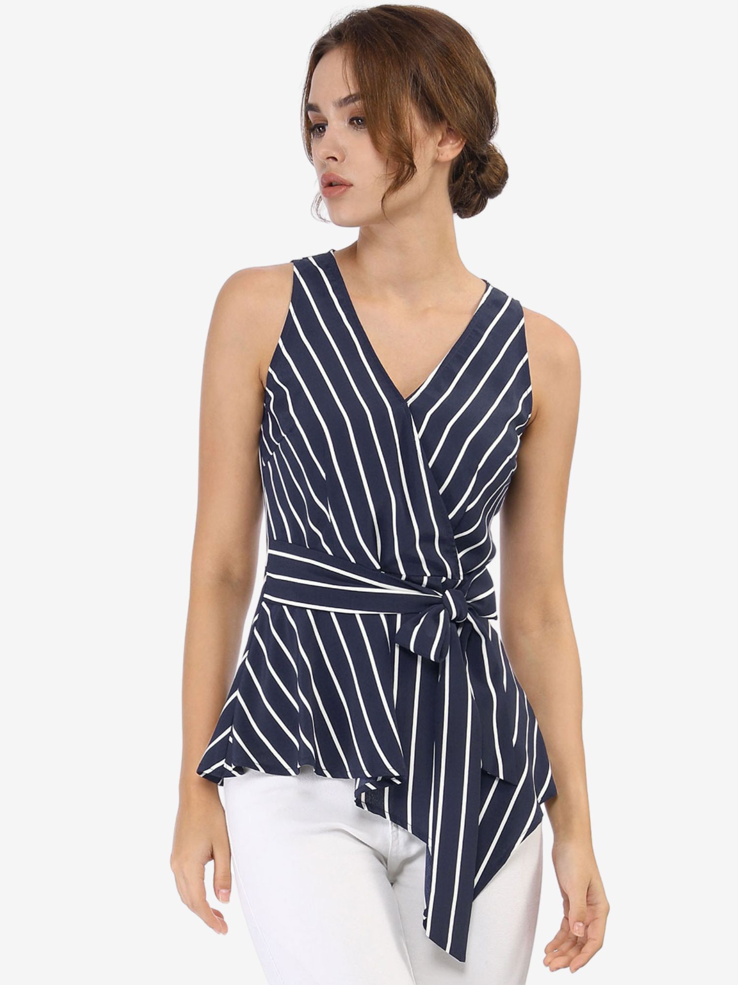 Sleeveless V Neck Tie Waist Asymmetric Hem Wrap Peplum Top Blue/XL - Allegra K catalog