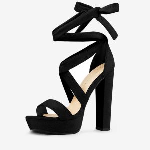 Faux Suede Lace Up Platform Block Heel Sandals Black/9.5 - Allegra K catalog